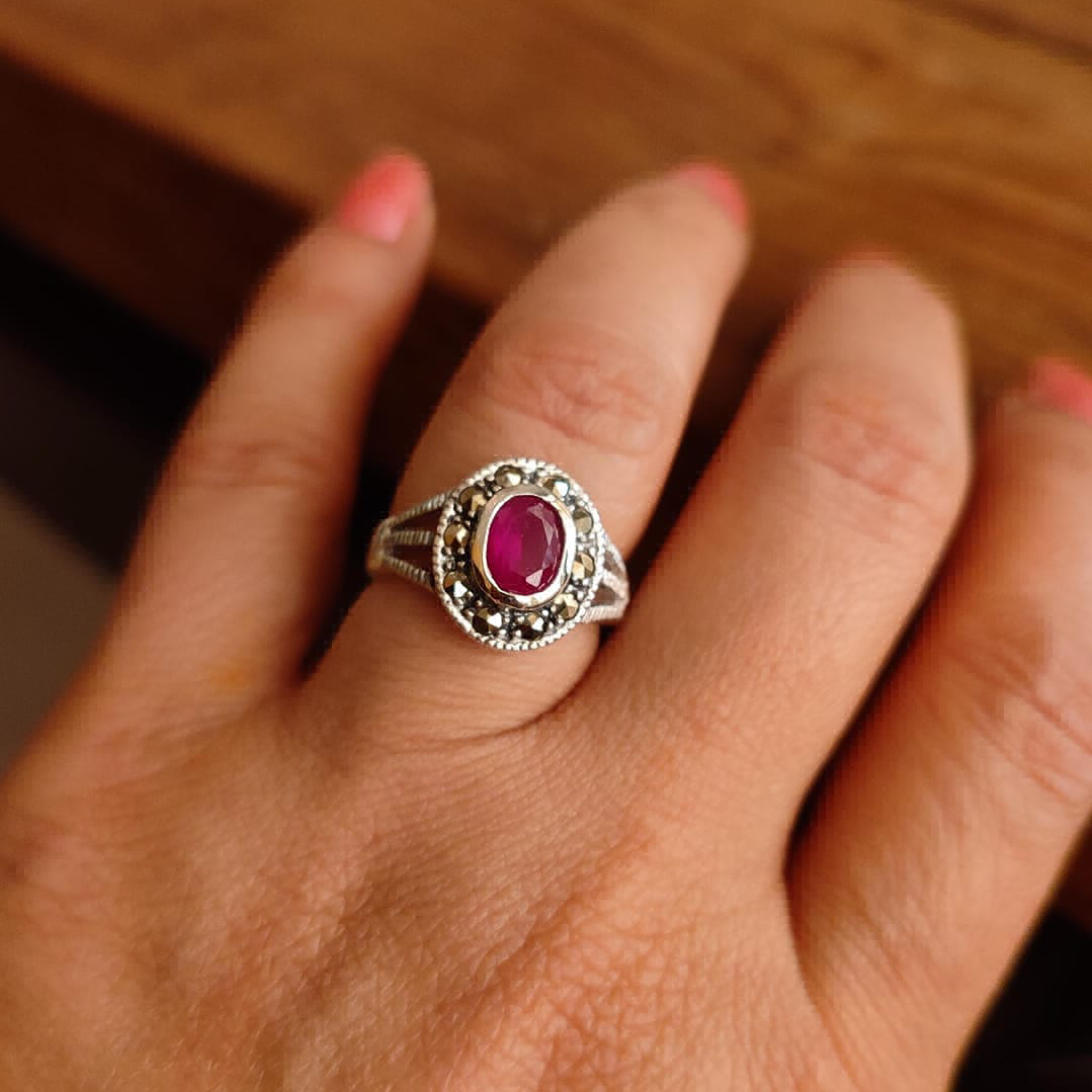 Pink Oval Marcasite Ring